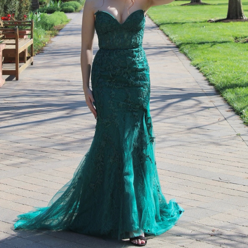 Green strapless prom dress